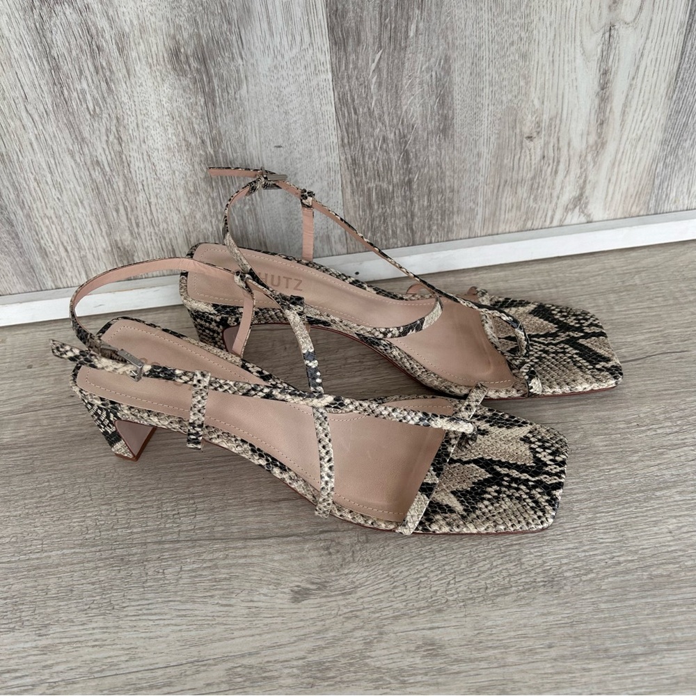 SCHUTZ Snake Print Tan Strappy Block Heel Sandals like NEW
